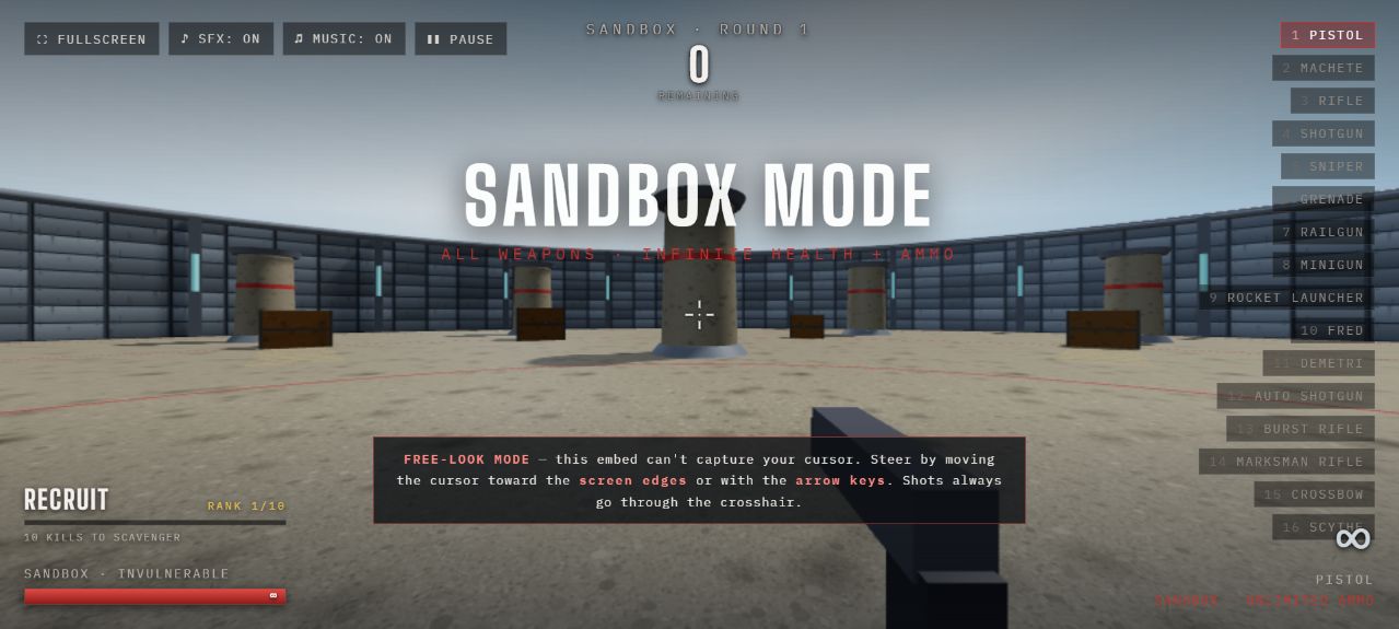 Dead Circuit local sandbox showing a first-person arena, weapon display, and health HUD